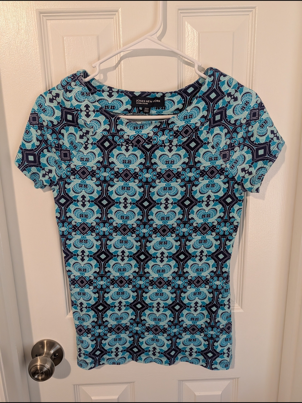 Jones New York Navy/Teal Cotton Short Sleeve Shirt, Size Small
